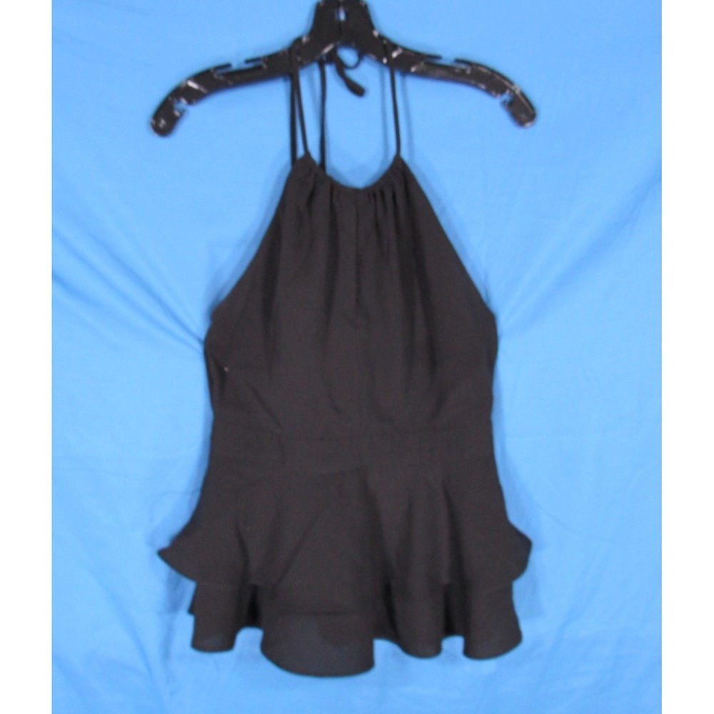 DO+BE Lined SATIN Black KEYHOLE Ruffle Trim COCKTAIL Peplum Halter Blouse/Top S